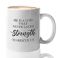 Christian Coffee Mug 11oz White - Never Lacks Strength to Rescue Us - Bible Verse Jesus Faith Scripture Cross Isaiah 50:2