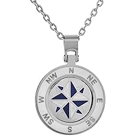 Stainless Steel compass Necklace Round White & Blue Enamel with 18 inch Steel Chain, 13/16 inch wide