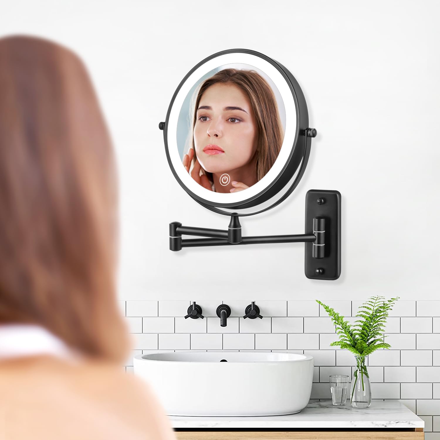 DECLUTTR Rechargeable Wall Mounted Lighted Makeup Mirror, 8 inch 10X Magnifying Mirror with 3 Color Lights, Dimmable Touch Screen Makeup Mirror with Lights for Bathroom, Black