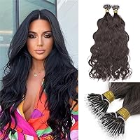 Long Natural Wave Nano Ring Human Hair Extension Microlink Brazilian Remy Nano Beads Ring Hair #Black #Brown Color For Black Women 100g 100strands (14inch 100strands, 2(Darkest Brown))