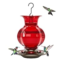 Auslar Hummingbird Feeder, Red Glass Hummingbird Feeders for Outdoors Hanging with Ant Moat, 5 Simulation Flowers Feeding Ports, 23 Ounces, Rustproof, Fade Proof, Pomegranate Shape
