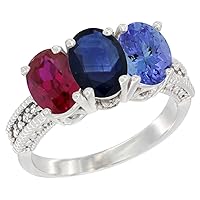10K White Gold Enhanced Ruby, Natural Blue Sapphire & Tanzanite Ring 3-Stone Oval 7x5 mm, sizes 5 - 10
