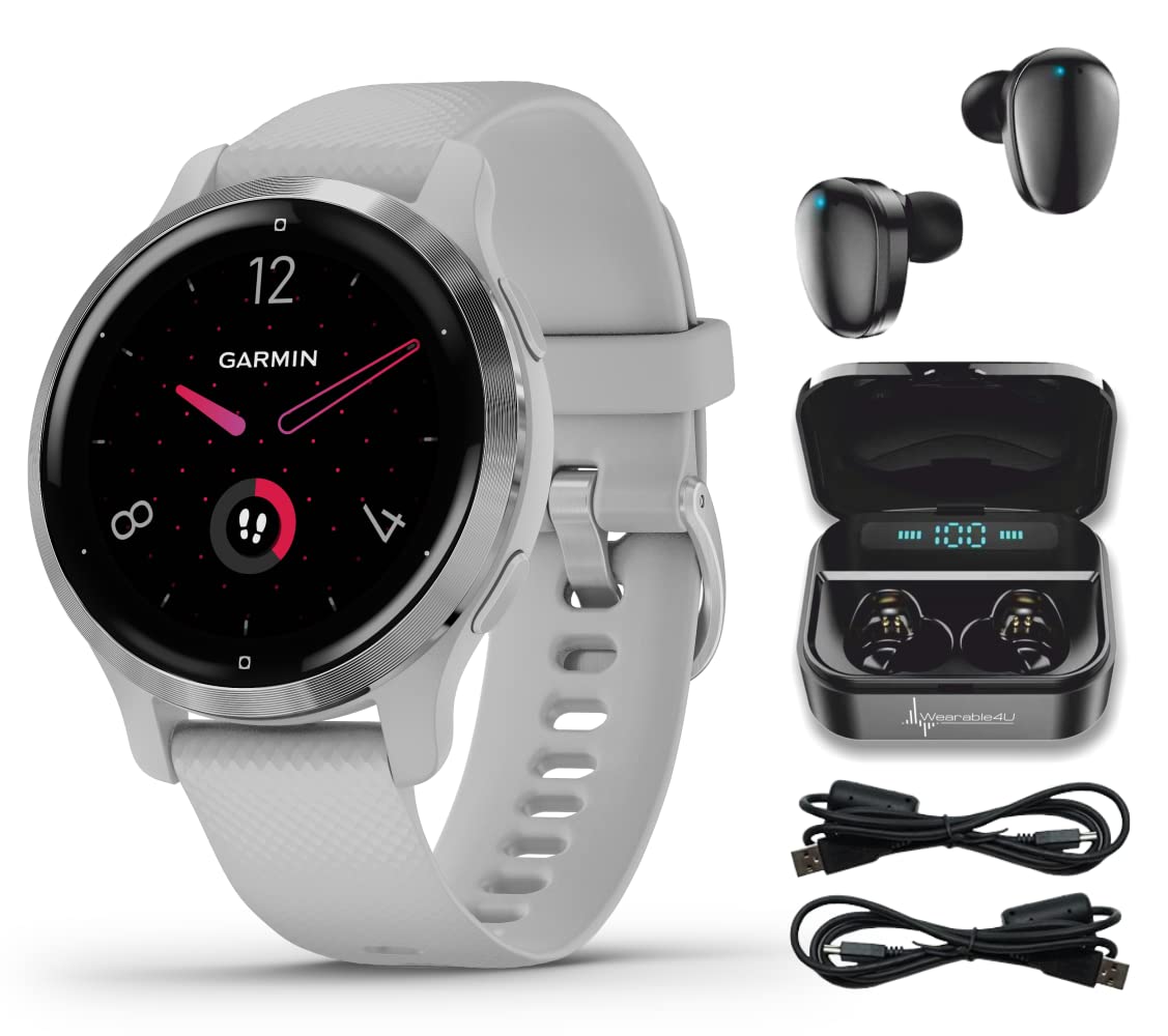 Wearable4U Garmin Venu 2S GPS Sport Fitness Smaller-Sized Smartwatch, Silver Bezel with Mist Gray Case and Silicone Band, AMOLED Display, Music Black Earbuds with Charging Case Bundle