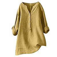 Firzero Women's Cotton Linen Shirts Plus Size Button Down V Neck Blouse Casual Long Sleeve Tunic Tops 2024 Summer Pullover