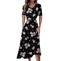 Summer Spring Dress for Women Casual Fashion Short Sleeve Dress Floral Printed Slim Fit Midi Dress