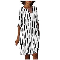 Short Sleeve Dress, Cotton Dresses for Women 2024 Knee Length Dress for Women Summer 2024 V-Neck Dress Womens Trendy Half Sleeve Vintage Print Loose Ladies Trendy Breathable Dress (White,3X-Large)