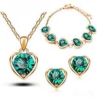 Yienate Fashion Love Heart Crystal Necklace Earrings Bracelet Gold Chain Bridal Emerald Heart Pendant Necklace Earrings Bracelet Set 3Pcs Gift for Women and Girls