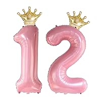 12 Number Balloon Pink 40 inch Big Foil Crown Helium 12th Balloons for 12 Year Old Boy Girl Birthday Party Decorations Wedding Anniversary Events Supplies