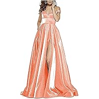 Shimmer Satin A Line Prom Dresses Off Shoulder Split Ball Gowns for Women Formal with Pockets Long Swing Evening Gowns