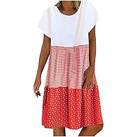Summer Dresses for Women Casual T Shirt Dresses Polk Dot Printed Dress V Neck Swing Flowy Beach Vacation Sundress