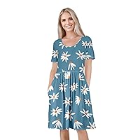 Women's Short Sleeve Empire Knee Length Dress with Pockets Light Blue