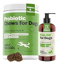Deley Naturals Probiotics (120 Chews) + Wild Caught Fish Oil (16 oz) for Dogs - Omega 3-6-9, GMO Free, Dog Allergies, Diarrhea, Bad Dog Breath, Constipation, Gas, Yeast- Made in USA