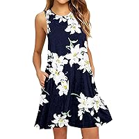 Womens Sundresses 2024 Summer Dresses for Women 2024 Floral Print Vintage Fashion Casual Loose Fit with Sleeveless Scoop Neck Dress Dark Blue Medium