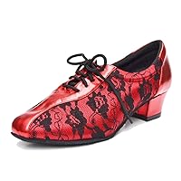 TDA Women's SM1896 Comfort Chunky Heel Lace Leather Salsa Tango Ballroom Latin Modern Dance Shoes