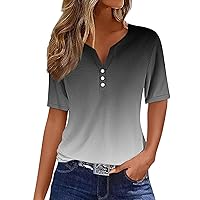 Summer Tops for Women Trendy V Neck Button Down T Shirts Short Sleeve Dressy Blouses Loose Fitting Tunic Tops
