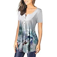 Short Sleeve Tops for Women Pleated V Neck Henley Button Down Loose Fit T Shirts Trendy Retro Printed Blouse