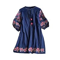 Vintage Ethnic Embroidery Cotton Linen Skirt Floral Print Beach Boho Dress Women V Neck Summer Dress