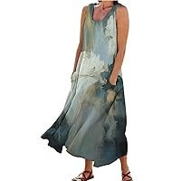 Linen Dresses for Women 2024 Holiday Summer Beach Dress with Pocket Sexy Sleeveless Printed Casual Flowy Sundresses