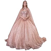 Glitz Gold Sequined Tulle Ball Gown Quinceanera Dresses with Cape Robe Rhinestones Prom Evening Formal Dress