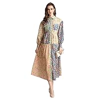 Women Maxi Dres Khaki Floral Long Sleeve Midi Dress