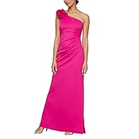 S.L. Fashions Women's Long Length Scuba One Shoulder Gown W/Flower Detail, Wedding Guest Dress, (Petite and Regular Sizes)