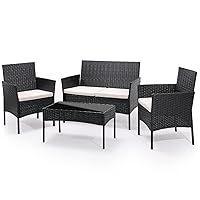 MoNiBloom 4 Pieces Patio Furniture Sets, Non Slip Foot Pads Wicker Rattan Sofa Chair with Soft Cushions and Sturdy Coffee Table for Backyard Porch Garden Poolside Balcony, Capacity 250 lbs, Black