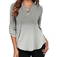 EFOFEI Womens Long Cuffed Sleeve Casual Ombre Notch V Neck Chiffon Solid Color Blouse
