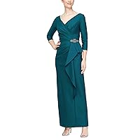 Alex Evenings Women's Slimming Long Length ¾ Sleeve Mother of The Bride Dress with Cascade Ruffle Skirt and Side Rushing, Deep Teal