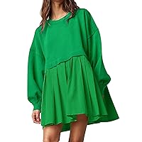 Flygo Women's Oversized Sweatshirt Dress Crewneck Patchwork Long Sleeve Pullover Tunic Flowy Pleated Mini Dress(Green-M)