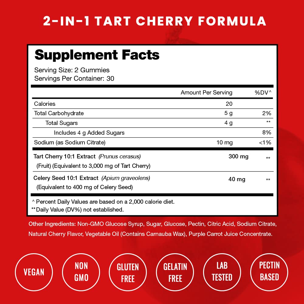 NutraChamps (2-Pack 120 Tart Cherry Gummies - 3000mg Supplement with Celery Seed Extract - Vegan Tart Cherry Concentrate Gummy Vitamin