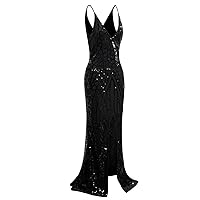 Vijiv 1920s Long Slit Prom Dresses Deep V Neck Sequin Mermaid Bridesmaid Evening Dress