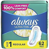 Always Ultra Thin Feminine Pads for Women, Size 1 Regular Absorbency, with Wings, Unscented, 62 Ct