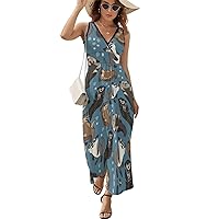 Cute Otters Sleeveless Maxi Dresses Casual Beach Long Sundresses with Cross V Neck for Women Summer