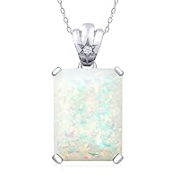 Gem Stone King 925 Sterling Silver Octagon Cabochon White Simulated Opal and White Topaz Pendant Necklace For Women (4.69 Cttw, with 18 Inch Chain)