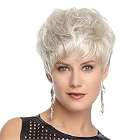 Andongnywell Silver White Short Wigs with Bangs Layered Natural Curl Straight Synthetic Hair Wig for White Women