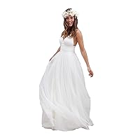 Women's Spaghetti Ruched Empire Waist Open Back Beach Wedding Dress White US24W