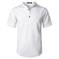 Men's Summer Lightweight Cotton Linen Shirts Casual Short Sleeve Breathable Banded Collar Henley for Beach Vacation