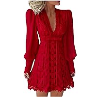 Womens Sexy Lace Dress for Work Office Puff Long Sleeve Short Professional Dress Sexy Deep V Neck Wedding Guest Dresses
