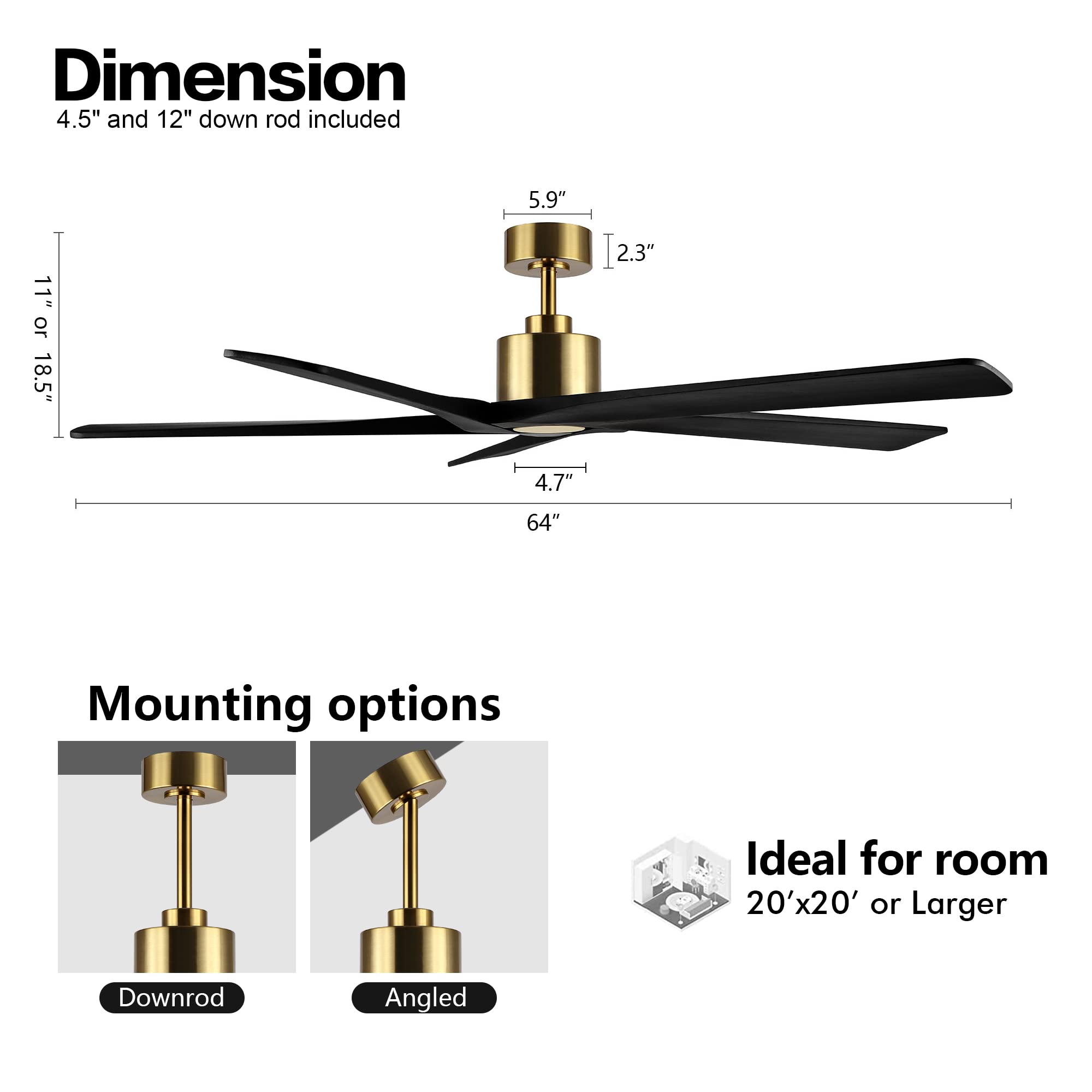 WINGBO 64 Inch DC Ceiling Fan without Lights, 5 Reversible Carved Solid Wood Blades, 6-Speed Noiseless DC Motor, Ceiling Fan No Light with Remote, Brass Finish with Black Blades, ETL Listed