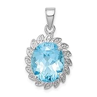 925 Sterling Silver Polished Prong set Open back Fancy cut out back Rhodium Light Swiss Blue Topaz Diamond Pendant Necklace Measures 23x14mm Wide Jewelry for Women