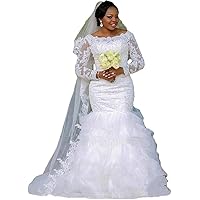 Women's Long Sleeves Lace Beaded Bridal Ball Gowns Beach Mermaid Wedding Dresses for Bride 2022 Plus Size