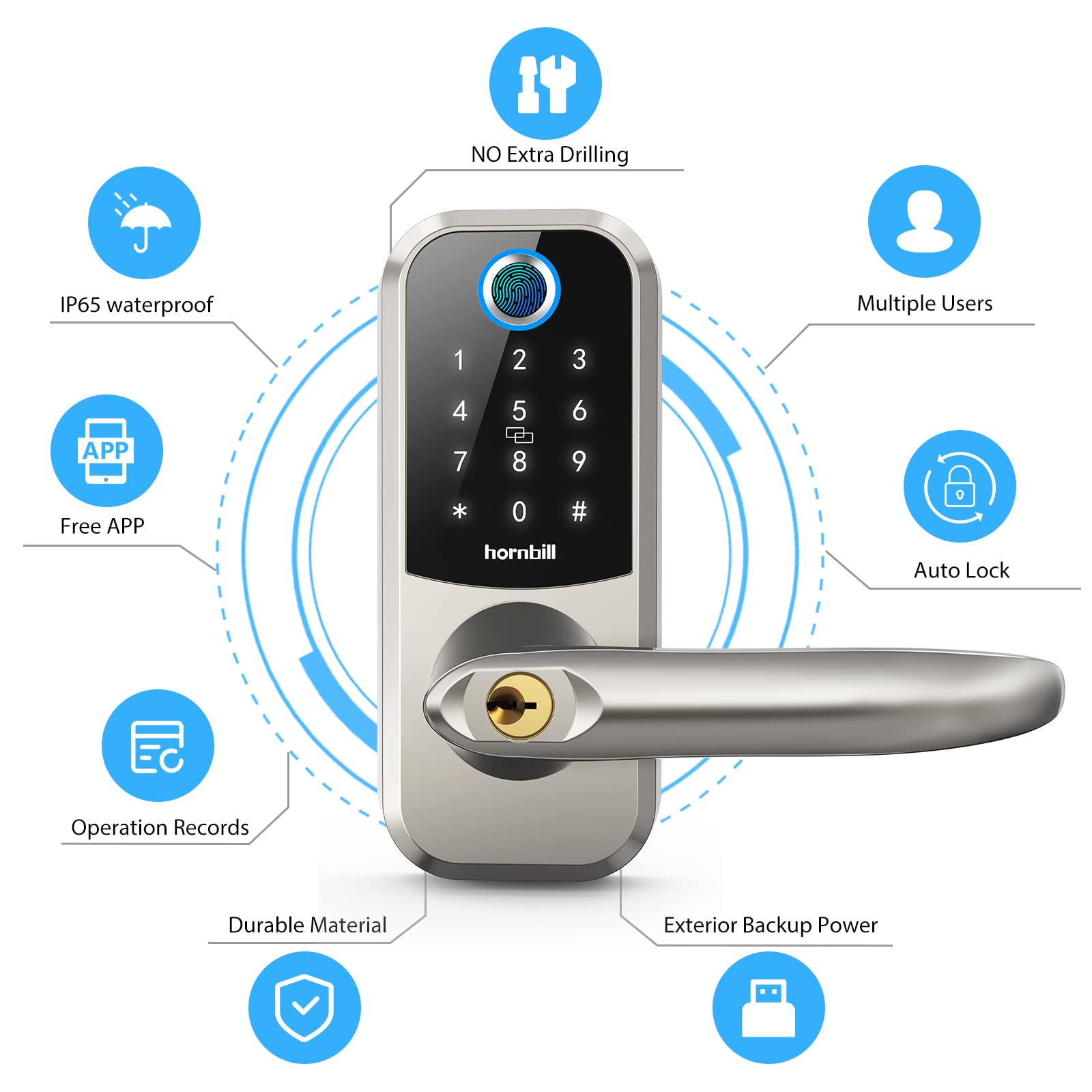 Fingerprint Door Locks with Handle, Hornbill Smart Keyless Entry Locks with Touchscreen Keypad,Bluetooth Front Door Lock, Electronic Digital Deadbolt with Reversible Handle, Free App, Fobs, Code