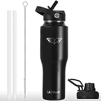 32 oz Insulated Water Bottle Stainless Steel Tumbler Travel Flask Double Wall with Straw Lid and Spout Cap, Fits in Any Car Cup Holders Keep Cold for 24 Hrs, Hot for 12 Hrs (Black)