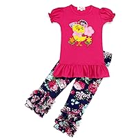 Baby Toddler Little Girls Happy Spring Easter Chick Ruffles Capri Outfit Set - 2 pc Knit Playwear