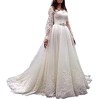 Women's Long Sleeves Wedding Dresses for Bride with Train Lace Princess Bridal Ball Gowns Plus Size 2022