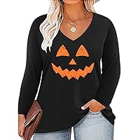 RITERA Plus Size Tops for Women V Neck Halloween Holiday Tshirt 2X Winter Long Sleeve Casual Henley Shirt Oversized Pumpkin Print Fall Sweatshirts Lightweight Tunic Black 2XL 18W 20W