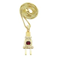 Plug with Ruby Red Stone Pendant 24 Inch Long Box Link Necklace