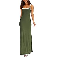 Summer Knit Maxi Dress Sleeveless Contrasting Edges Elasticated Straps Long A-Line Bodycon Slim Dress