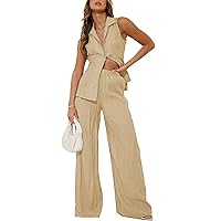 Womens Two Piece Outfits for Women Casual Sleeveless Top Wide Leg Pants Lounge Sets with Zipper