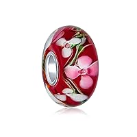 Bling Jewelry Murano Glass .925 Sterling Silver Core Floral Red and Black Green Pink Hibiscus Flower Spacer Charm Bead Fits European Bracelet For Women Teen